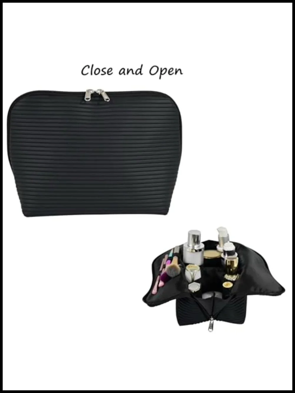 Large Waterproof Travel Makeup Bag with Brush Holders, Fold-Down Organizer